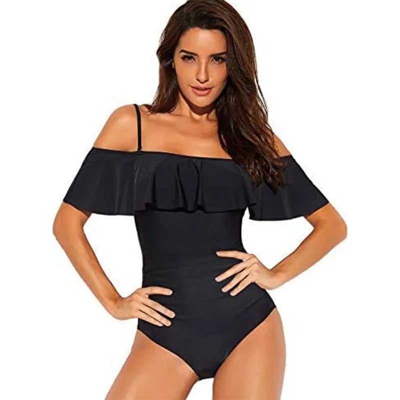 Black one-piece swimsuit with cut-out sides and ruffled strap tube top design
