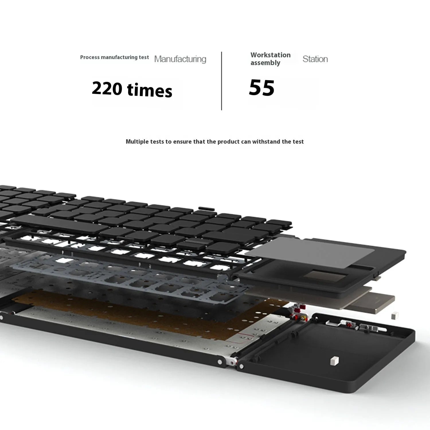 Black tri-fold Bluetooth keyboard shown open next to a smartphone, demonstrating its portable size.