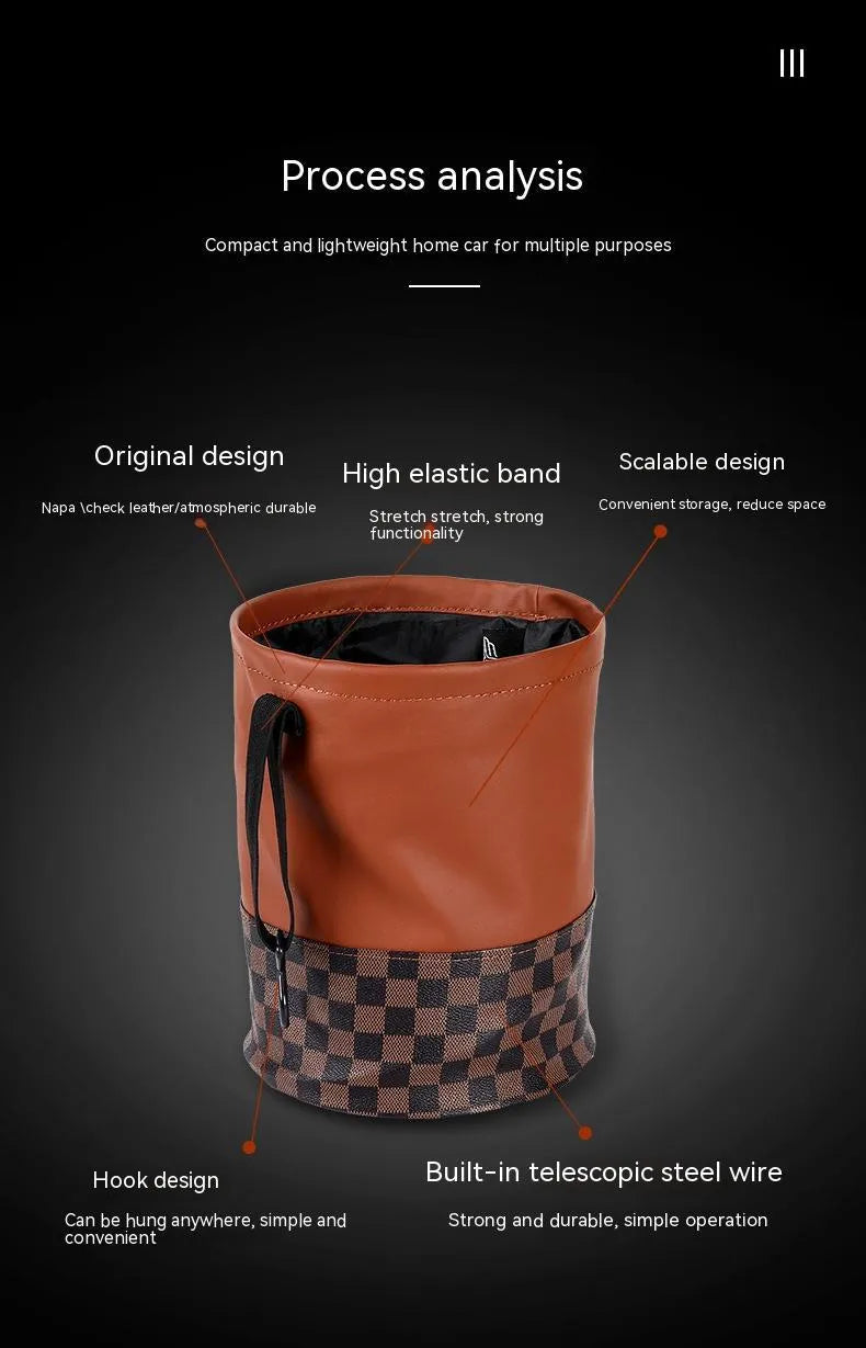 Black retractable leather car rubbish bin with carry handle, shown in folded and expanded states.