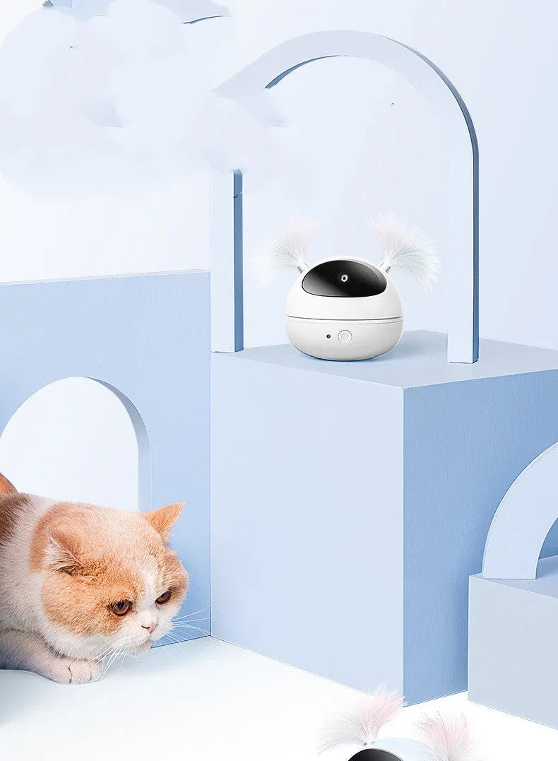 Automatic electric cat toy with ABS construction in white, showing laser teaser and robot bag design