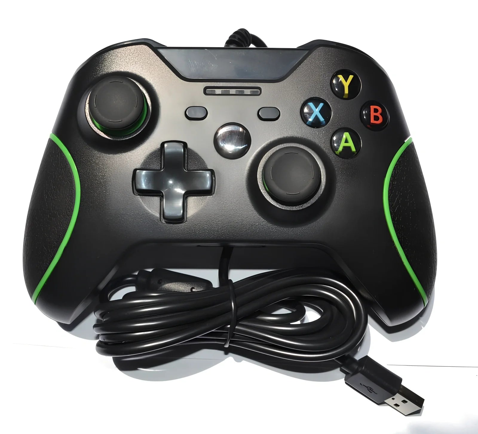 White Xbox One wired USB game controller with ergonomic grips and 2.5m cable on plain background