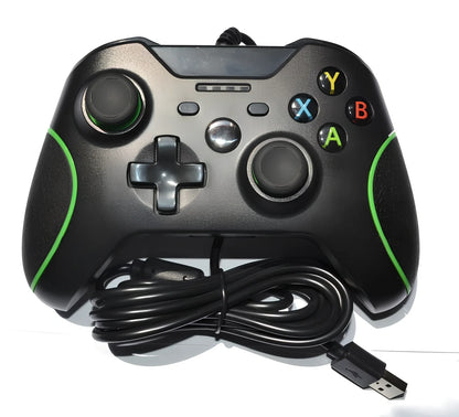 White Xbox One wired USB game controller with ergonomic grips and 2.5m cable on plain background