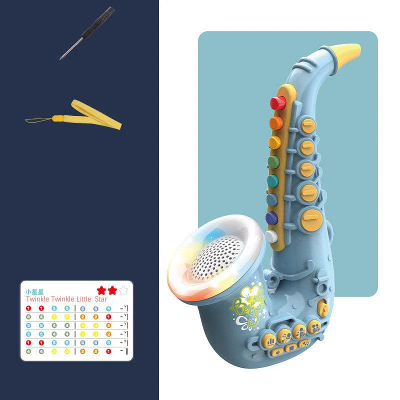 Simulation musical instruments including saxophone, trumpet, and clarinet in various colors with adjustable volume and LED lights