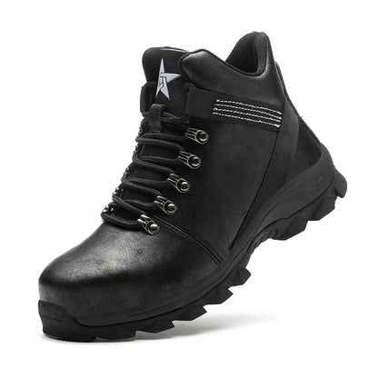 Durable steel toe construction boots for men with puncture-proof design, breathable mesh lining, and shock-absorbing sole