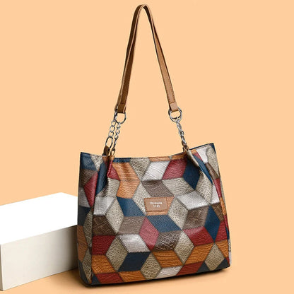 Retro geometric pattern shoulder bag for women in black and yellow