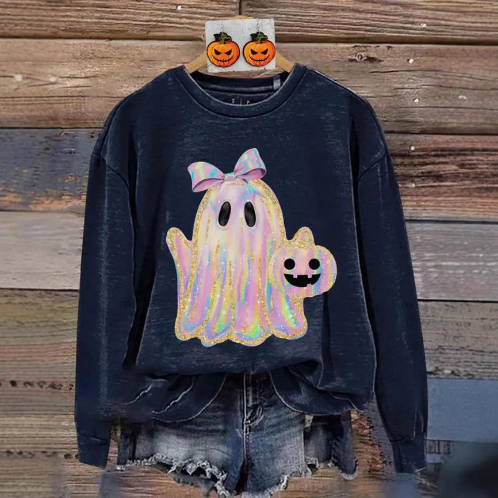 Women's grey Halloween sweatshirt with raised orange pumpkin 3D print, crew neck, long sleeves