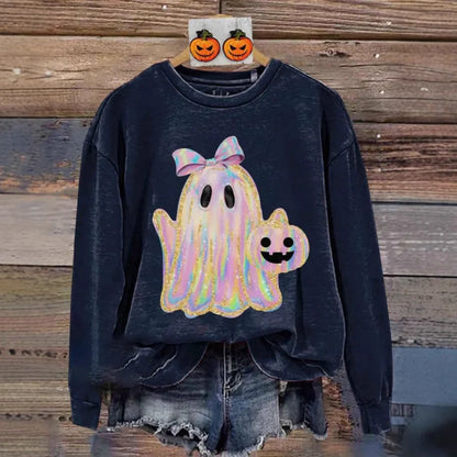 Women's grey Halloween sweatshirt with raised orange pumpkin 3D print, crew neck, long sleeves