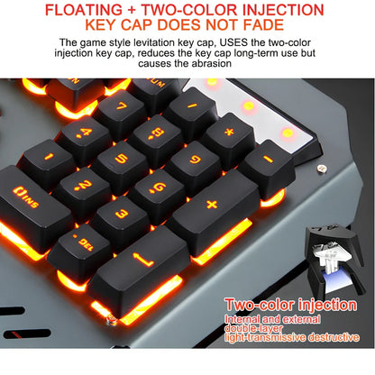 Black wired gaming keyboard with RGB backlight, 45.5 cm size, phone slot, and USB cable on desk