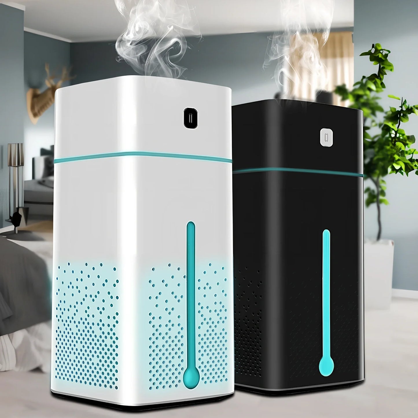Black and white air purifier humidifier with LED lights and water tank for desktop use