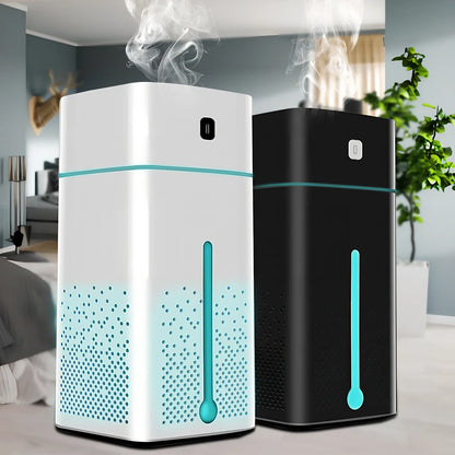 Black and white air purifier humidifier with LED lights and water tank for desktop use