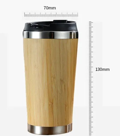 Bamboo coffee cup with double wall insulation, leak-proof lid, and anti-slip foam pad base