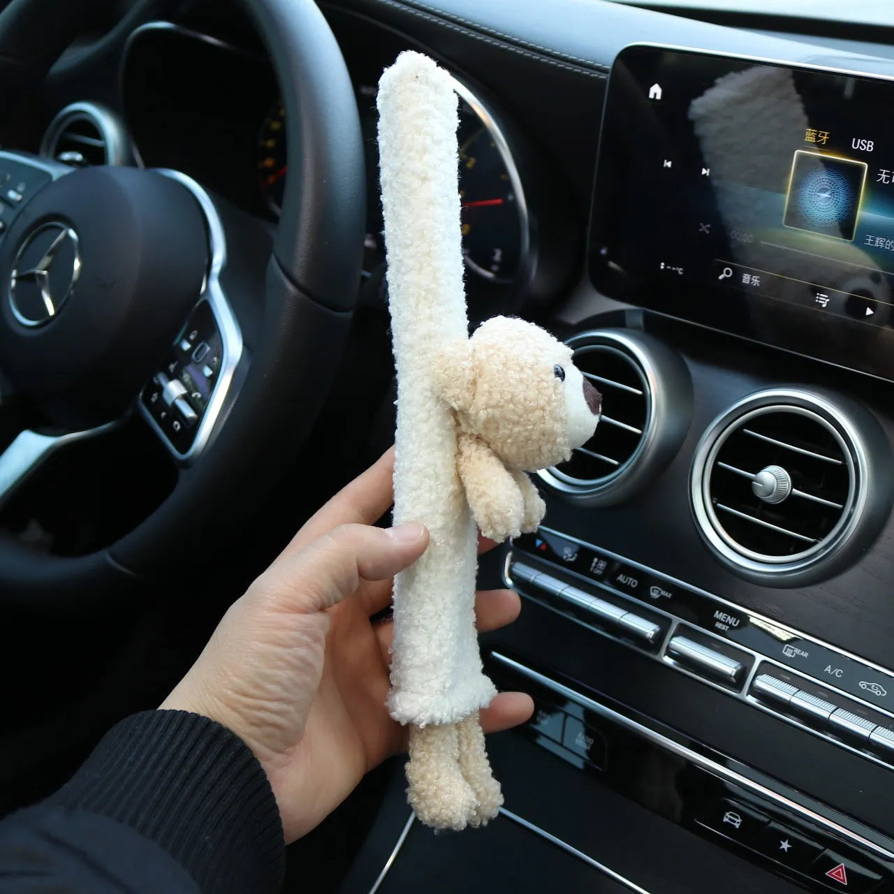 Cartoon plush lamb wool car seat belt shoulder protector in rabbit, bear, or rabbit+bear design.