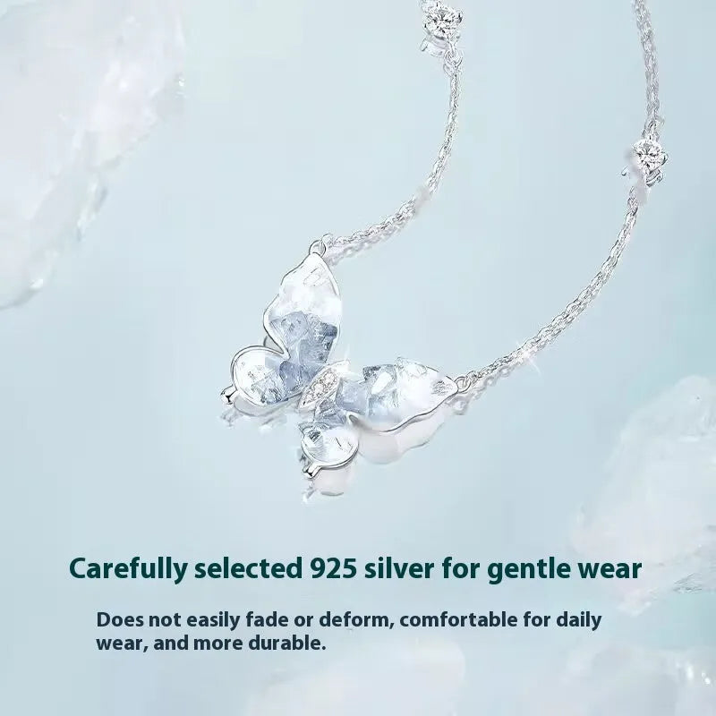 Bingyu butterfly pendant necklace in S925 silver on adjustable O-ring chain 41-50cm