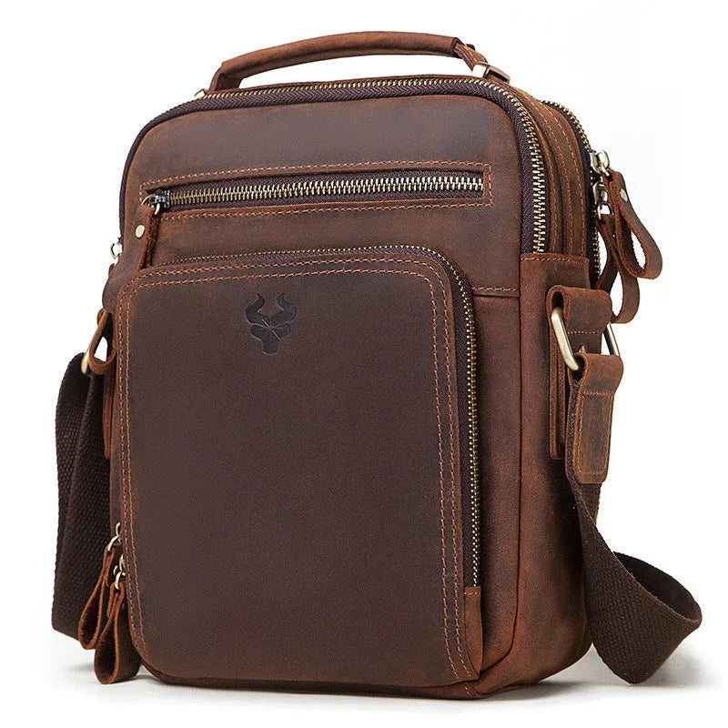 Men's brown genuine leather crossbody bag with retro sewing detail and single shoulder strap