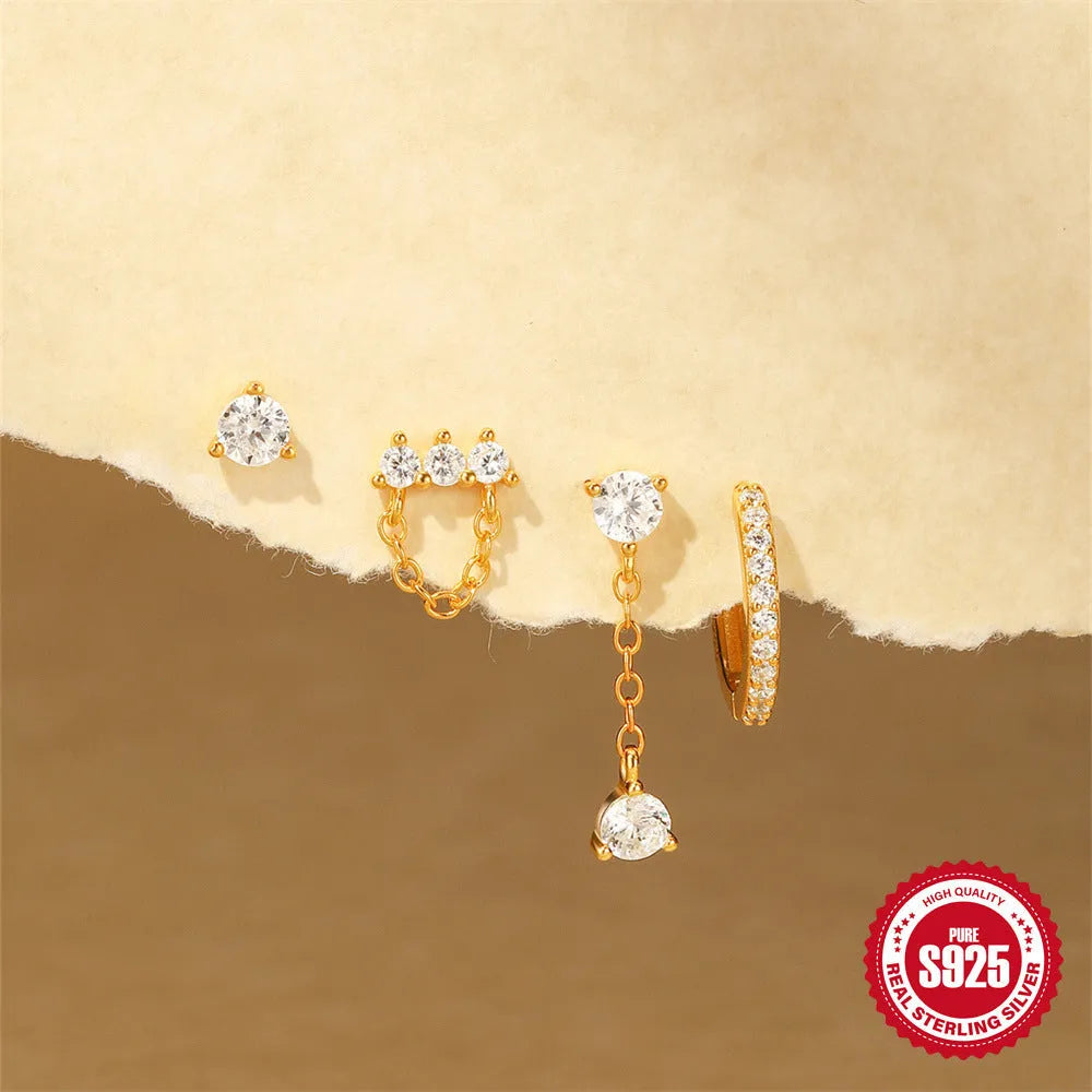 S925 sterling silver geometric clover petal earrings with electroplated gold finish for women