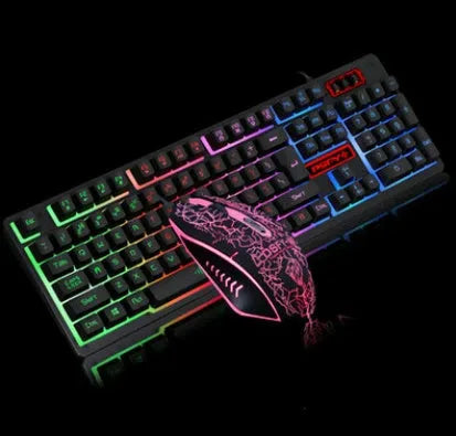 Wired tri-colour backlit keyboard and 2400dpi photoelectric mouse set on a desktop.