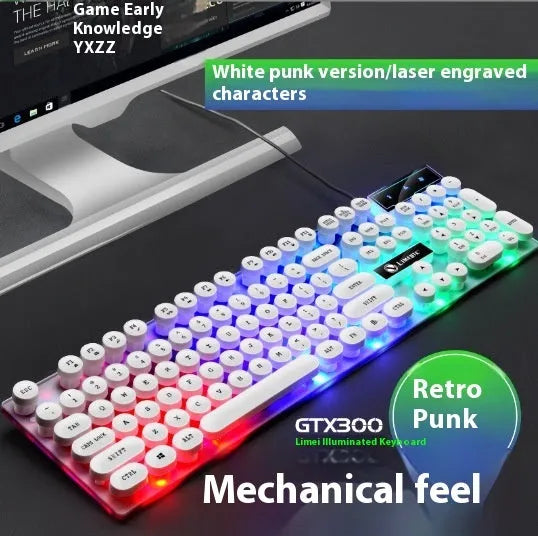 TX35 mechanical feeling keyboard in white and black rainbow colour options next to a laptop.