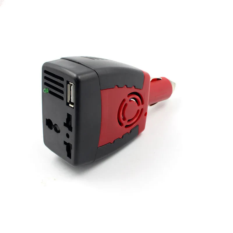 Black and red 150W car power inverter with AC outlets and USB port