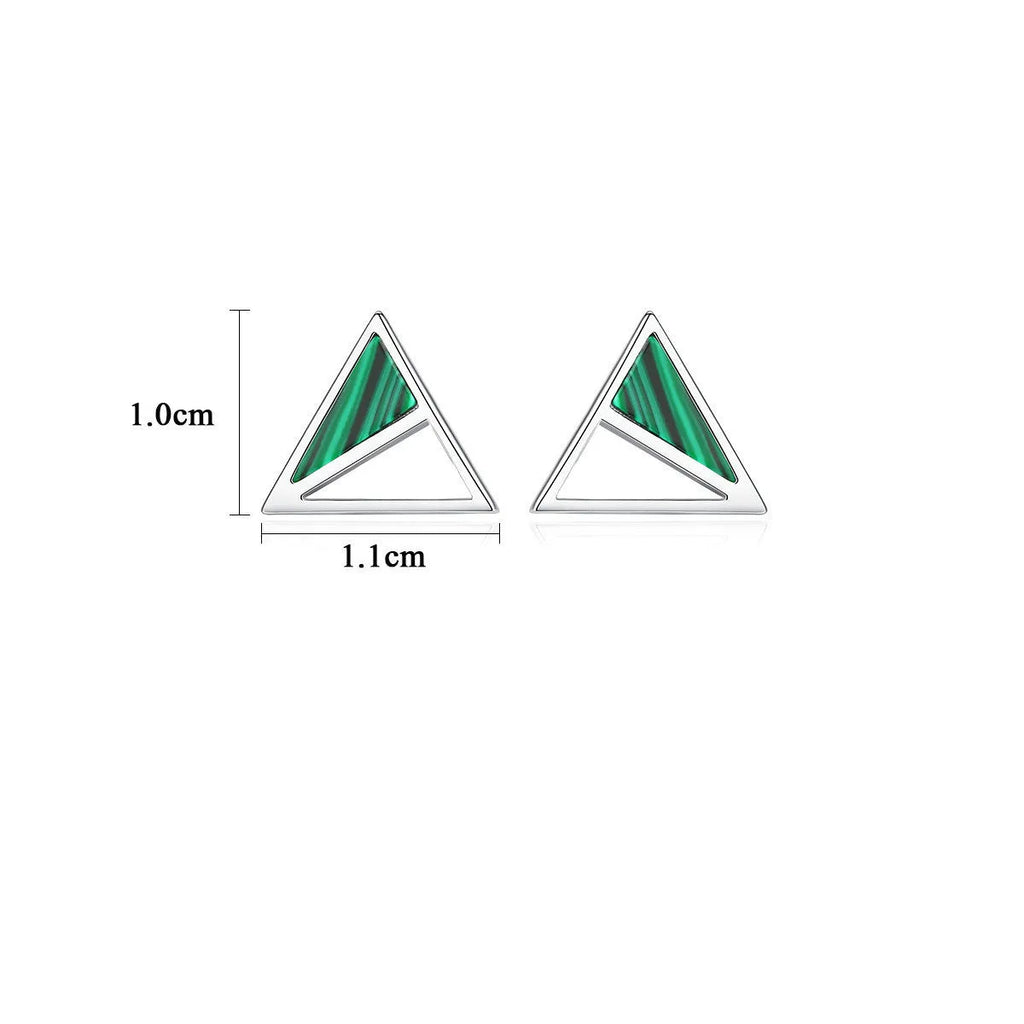 Geometric malachite stud earrings in silver with green colour, Korean style, pure silver inlay