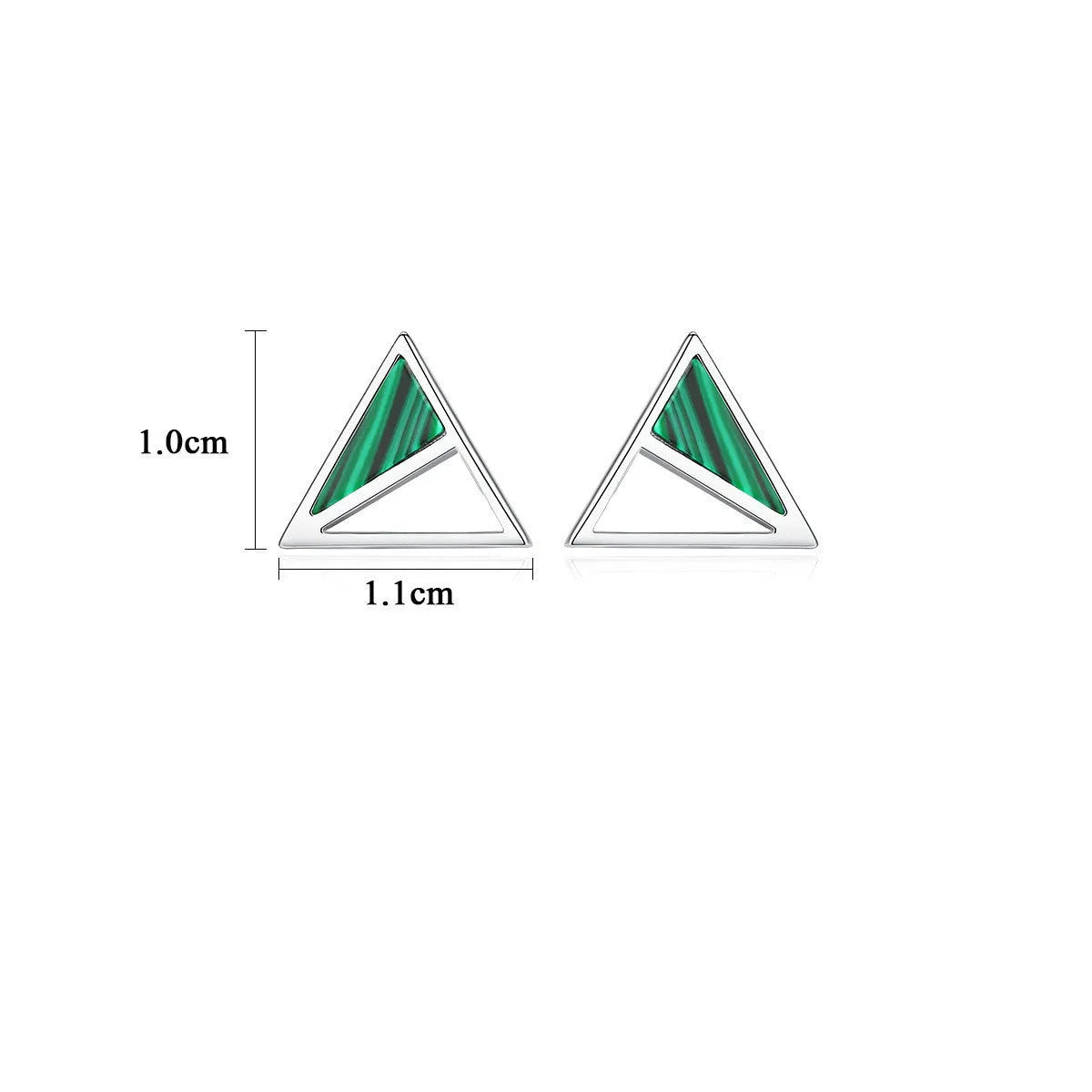 Geometric malachite stud earrings in silver with green colour, Korean style, pure silver inlay