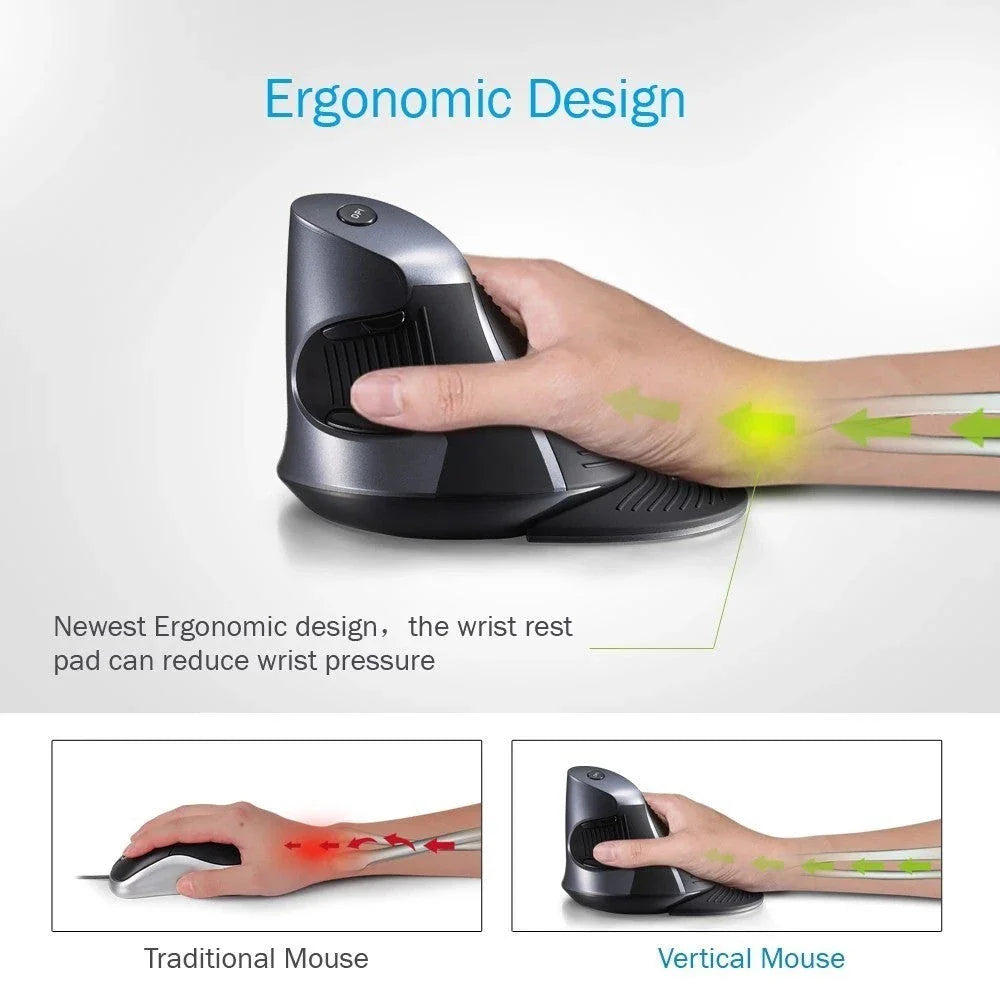 Ergonomic vertical wireless mouse in black and brown with 6 buttons and 10m range