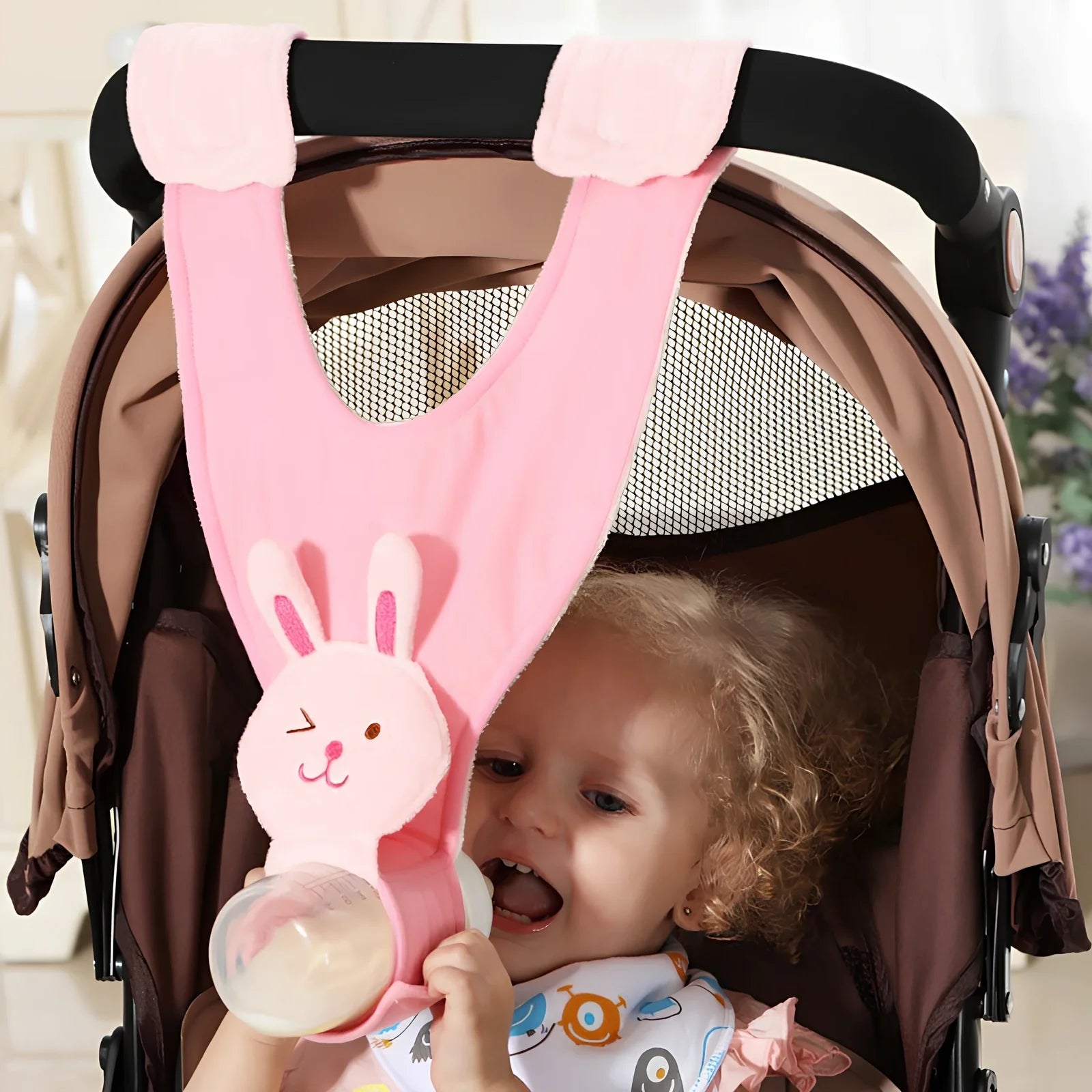 Breastfeeding pillow in duck pattern with Velcro straps, 60cm long, attached to stroller for baby support