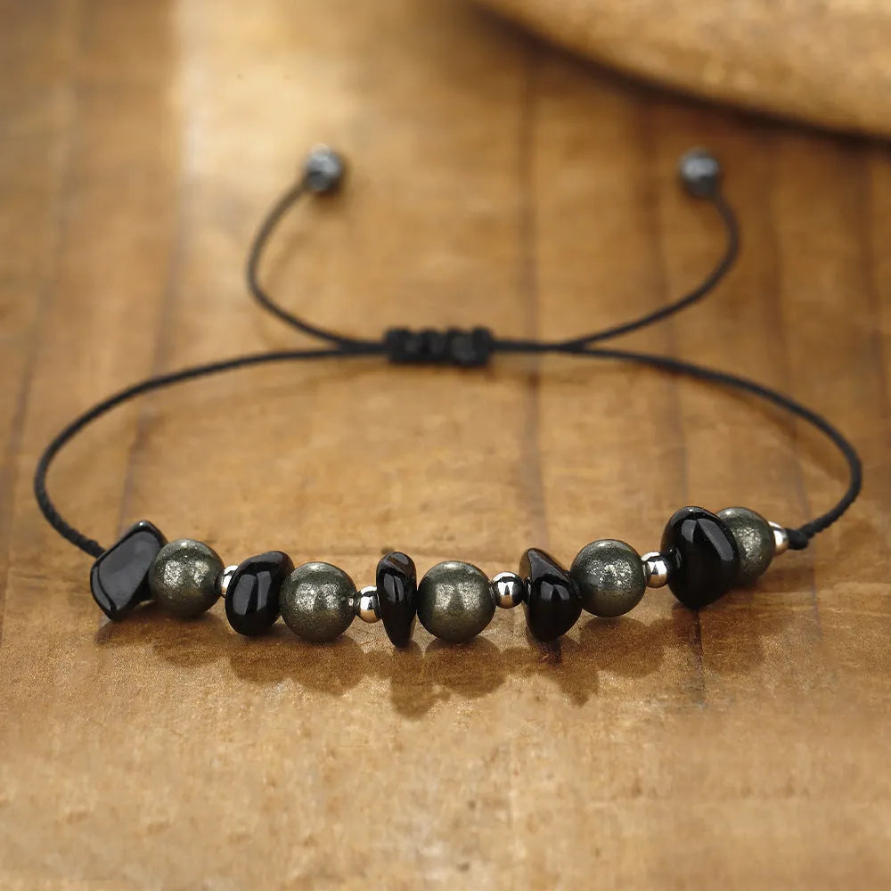 Black garnet stone beaded bracelet with original gravel design and moon element