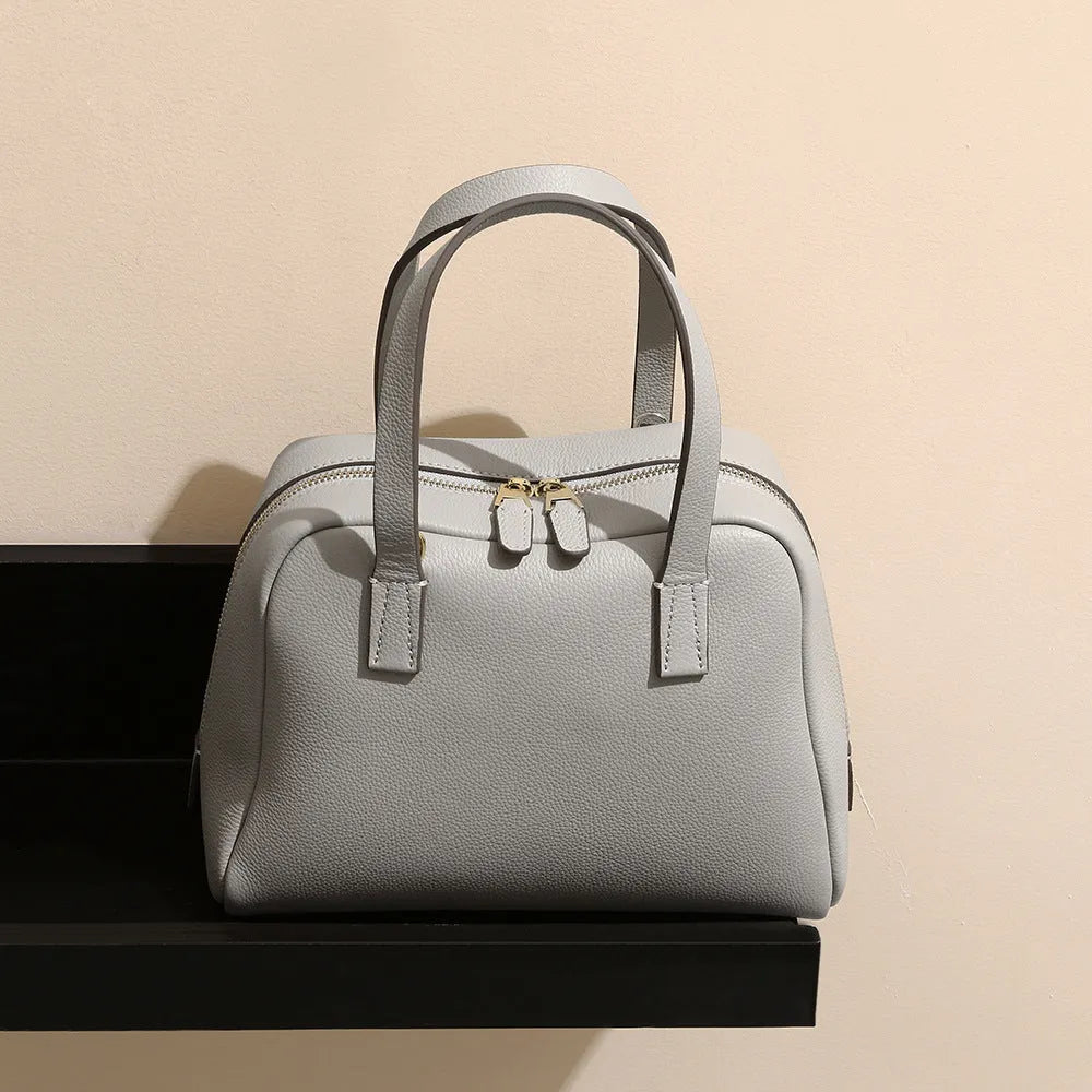 Genuine leather large capacity horizontal square crossbody handbag in biscuit colour with single shoulder strap