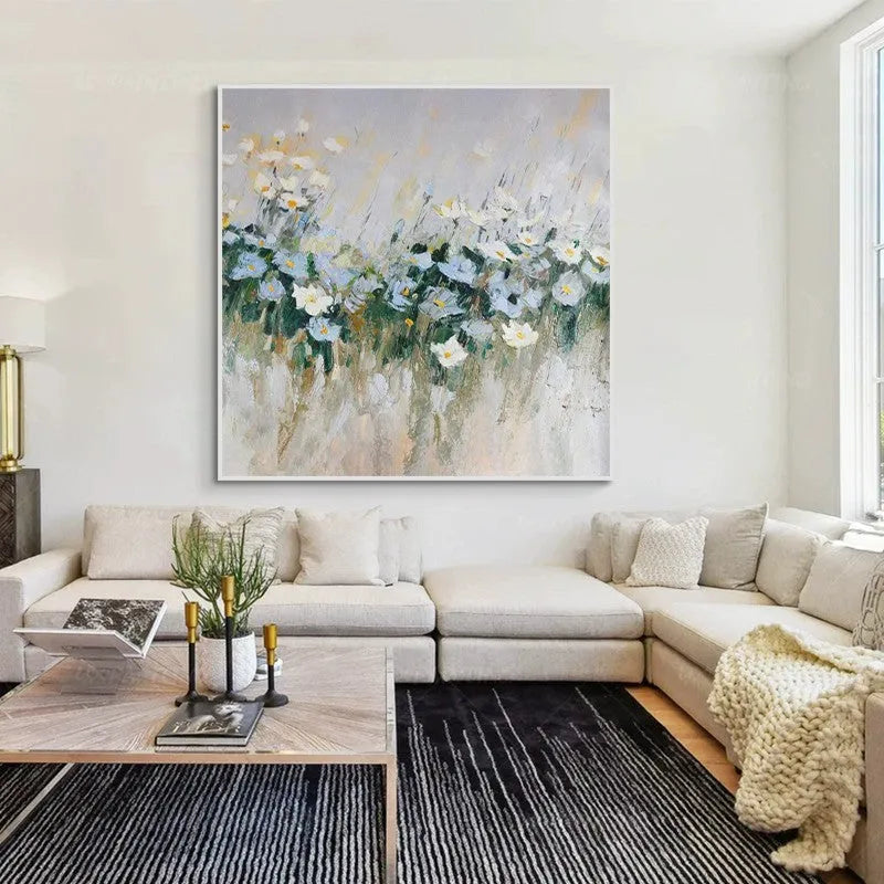 Handmade oil painting canvas wall art modern blue flowers square framed no frame rolled unstretched