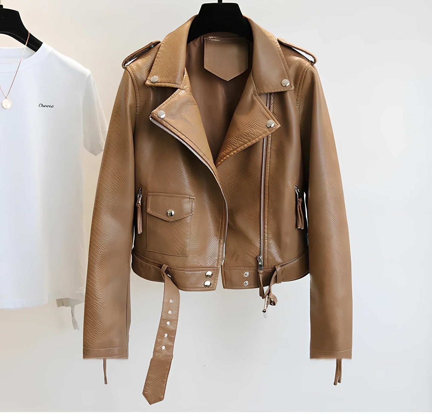 Women's short black imitation leather jacket with lapel collar and belt, 50cm length, S-XL sizes for spring autumn