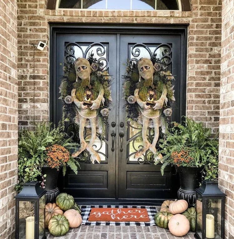 Realistic mummy Halloween wreath with skeleton hands, 46cm three dimensional handmade plastic decoration on door