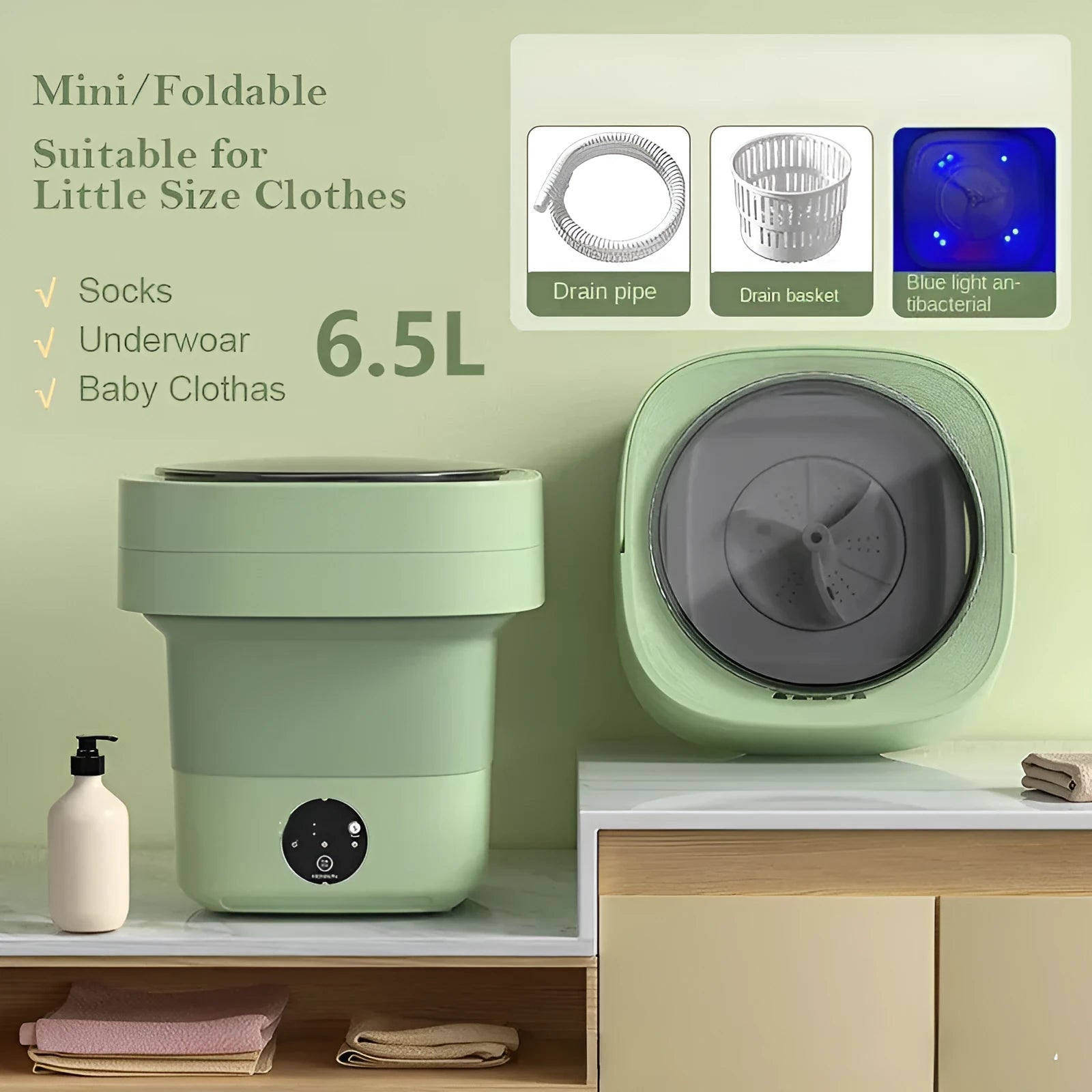 Green foldable mini portable washing machine with drain pipe and basket on a white background.