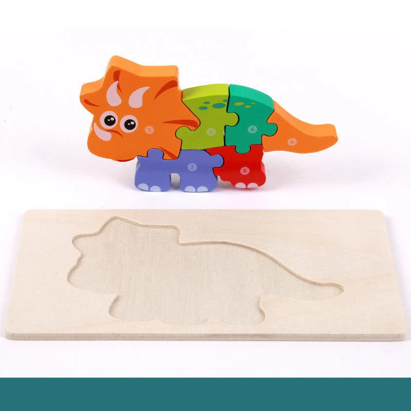 Sustainable wooden dinosaur 3D puzzle set for children, including six different models.