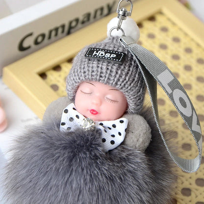 Hand-woven fox fur sleeping doll plush keychain pendant with or without bow