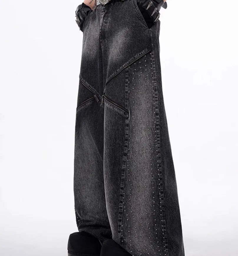 Black and grey washed wide leg pants with matching waistcoat, Korean style cotton denim set
