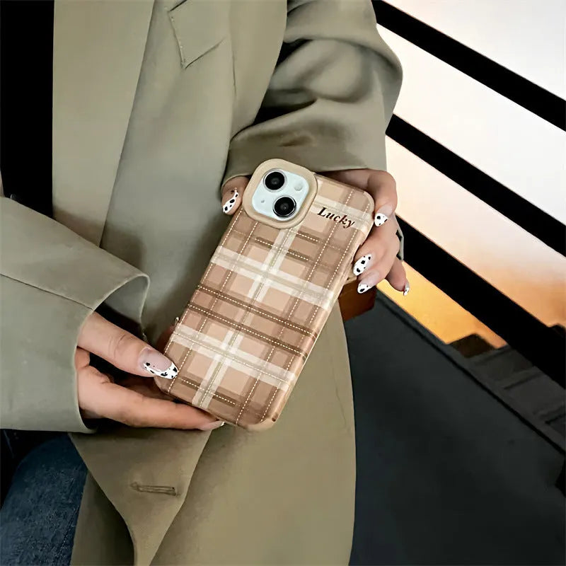 Lambskin plaid letters luck anti-fall silicone phone case for iPhone 13 Pro, light coffee colour, all-inclusive embossed design