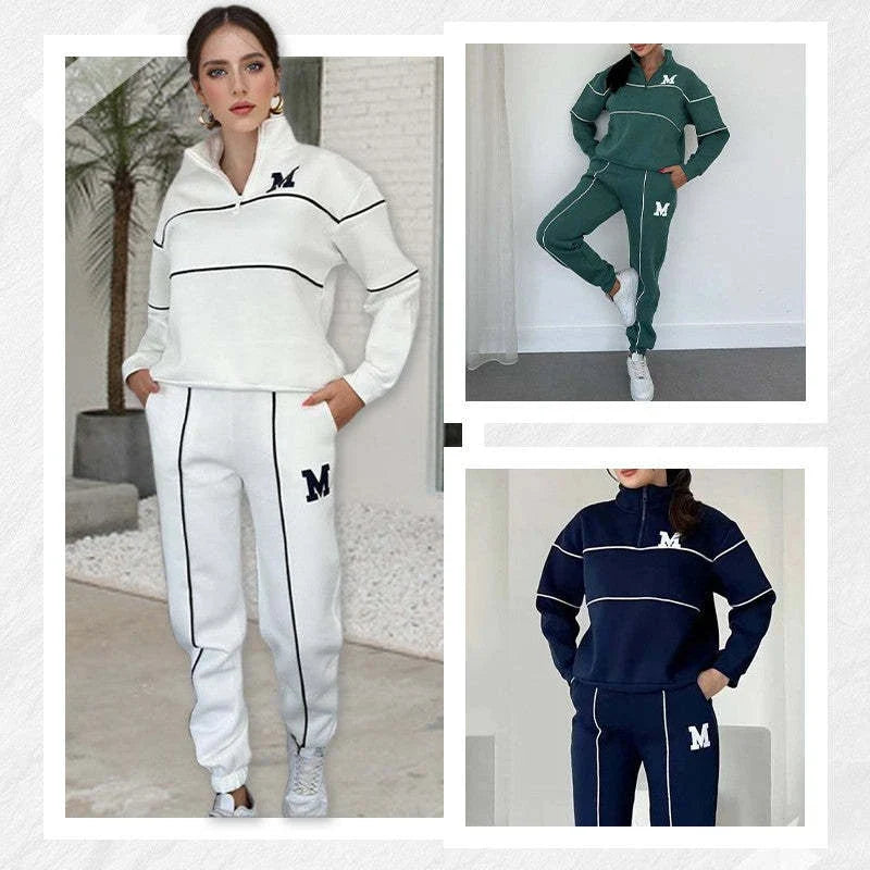 Comfortable and stylish two-piece loungewear set for women, featuring a hoodless pullover sweatshirt and relaxed-fit sweatpants with pockets.
