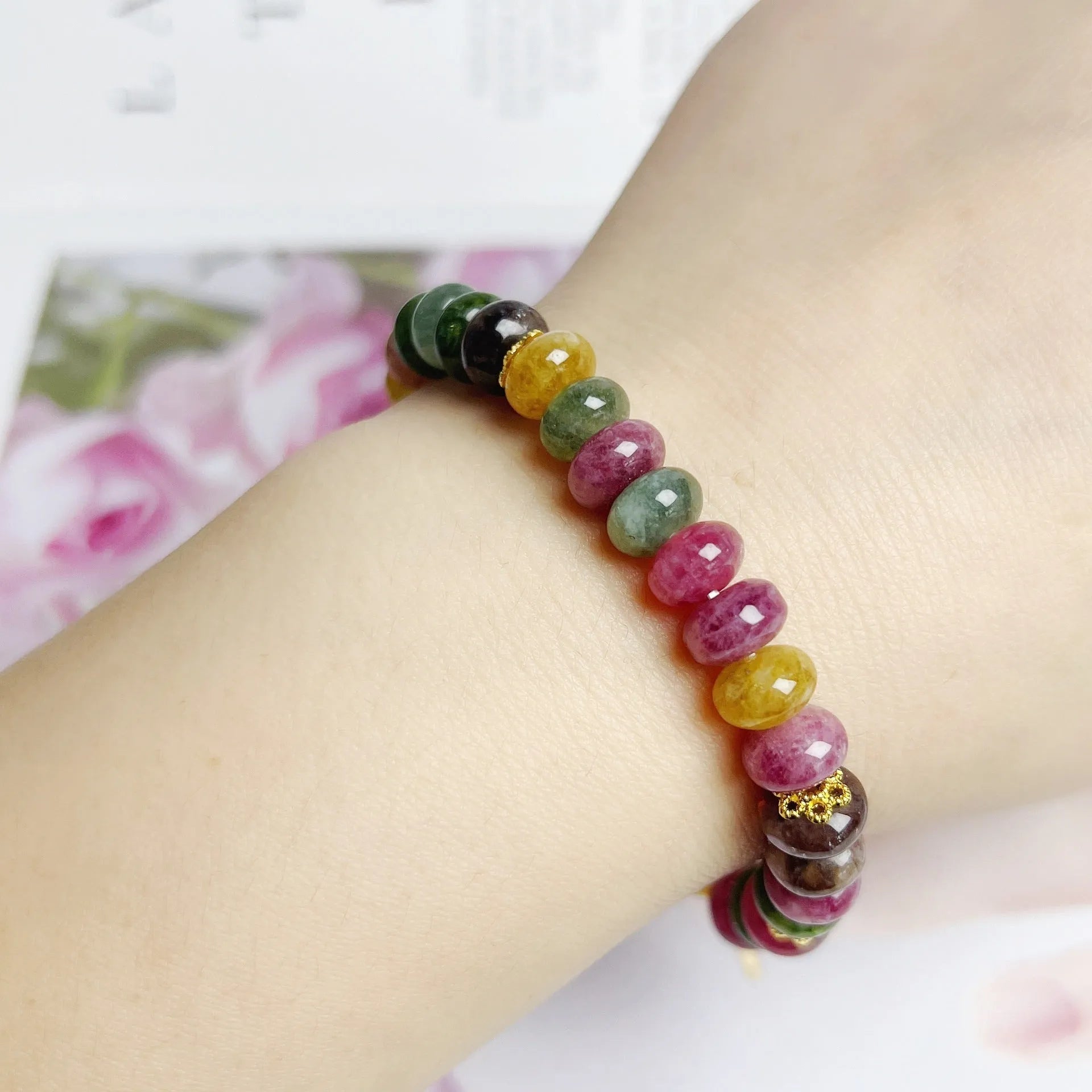 Colourful artificial crystal abacus bead bracelet for women with tourmaline-inspired design and hand-finished details