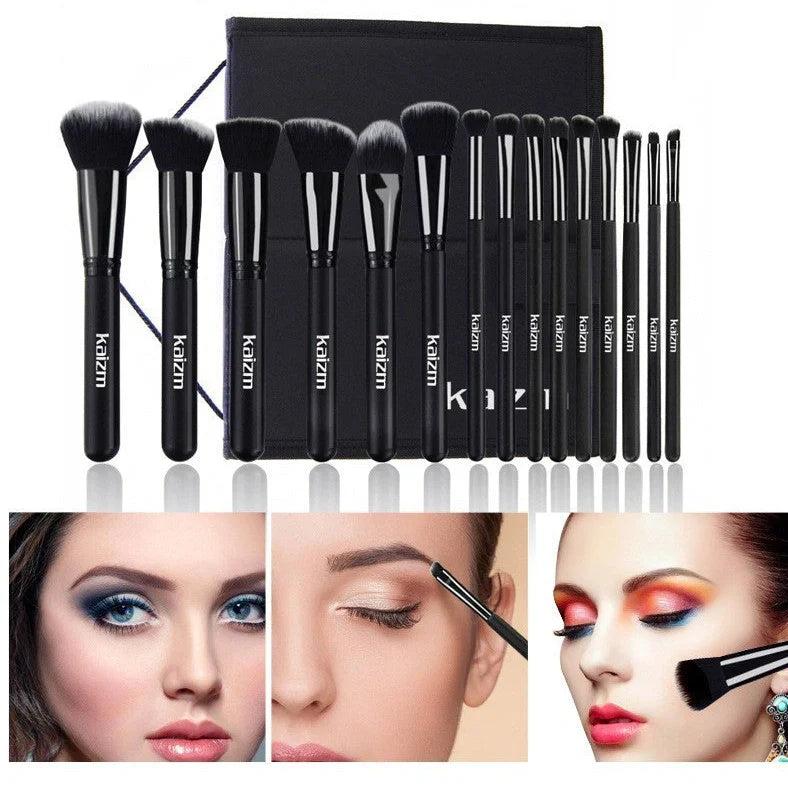 Black 15-piece makeup brush set with wooden handles and folding cloth storage bag
