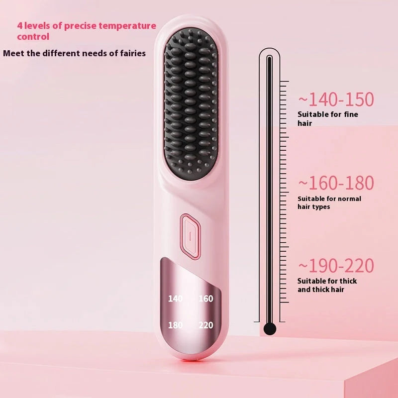 Cordless hair straightener brush in pink, black, and purple options for wet and dry hair styling