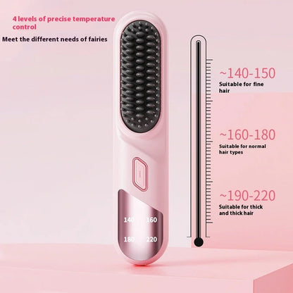Cordless hair straightener brush in pink, black, and purple options for wet and dry hair styling