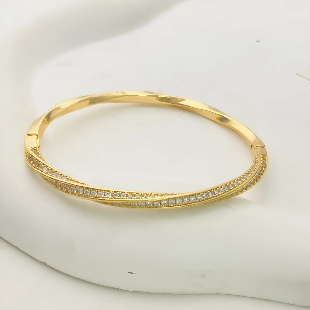 Real gold plated brass Mobius bracelet with half circle full diamond design in champagne gold colour