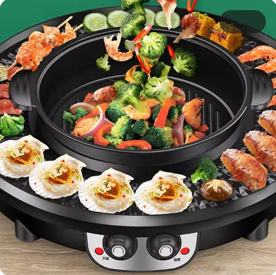 Multifunctional electric cooker hot pot barbecue all-in-one pot 5L black with barbecue plate