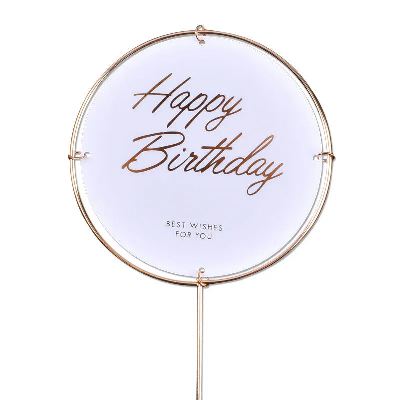 Acrylic happy birthday cake inserting card with plastic panel and wrought iron stem, butterfly pink colour