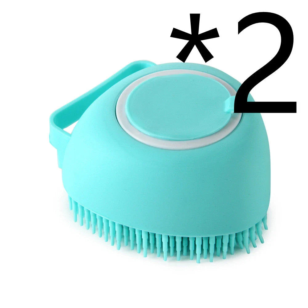 Premium silicone pet grooming brush with soft bristles, shampoo reservoir, and ergonomic handle for gentle, effective pet bathing and massage