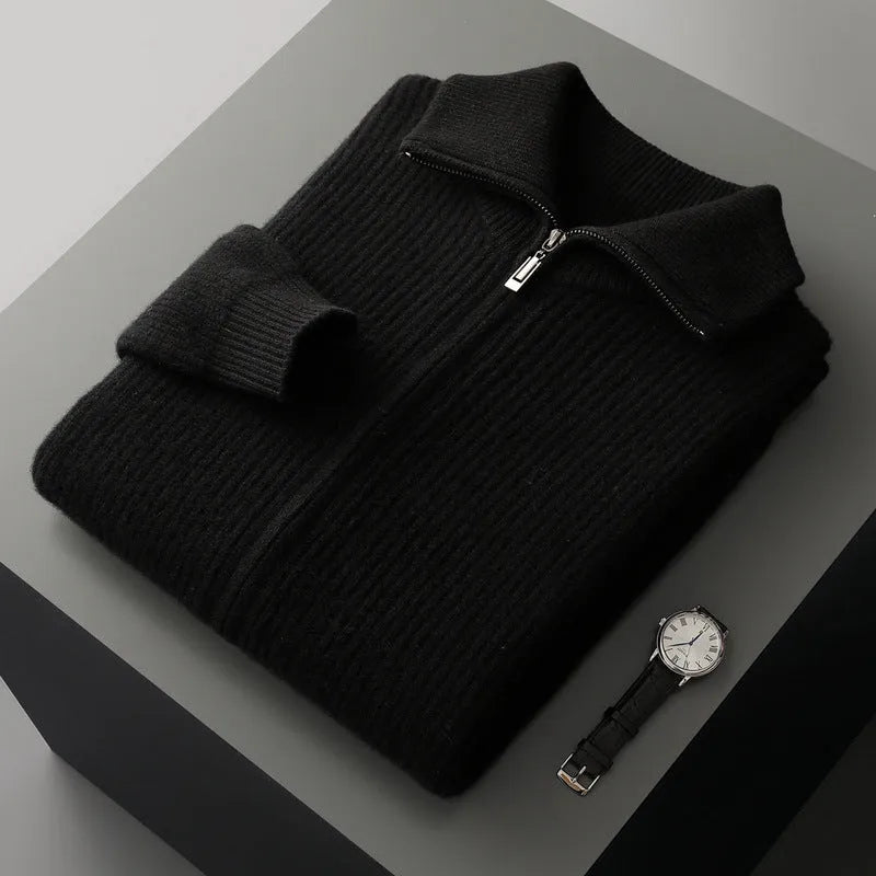 New pure wool zipper cardigan for men in dark gray with lapel collar and front zip, shown on a model