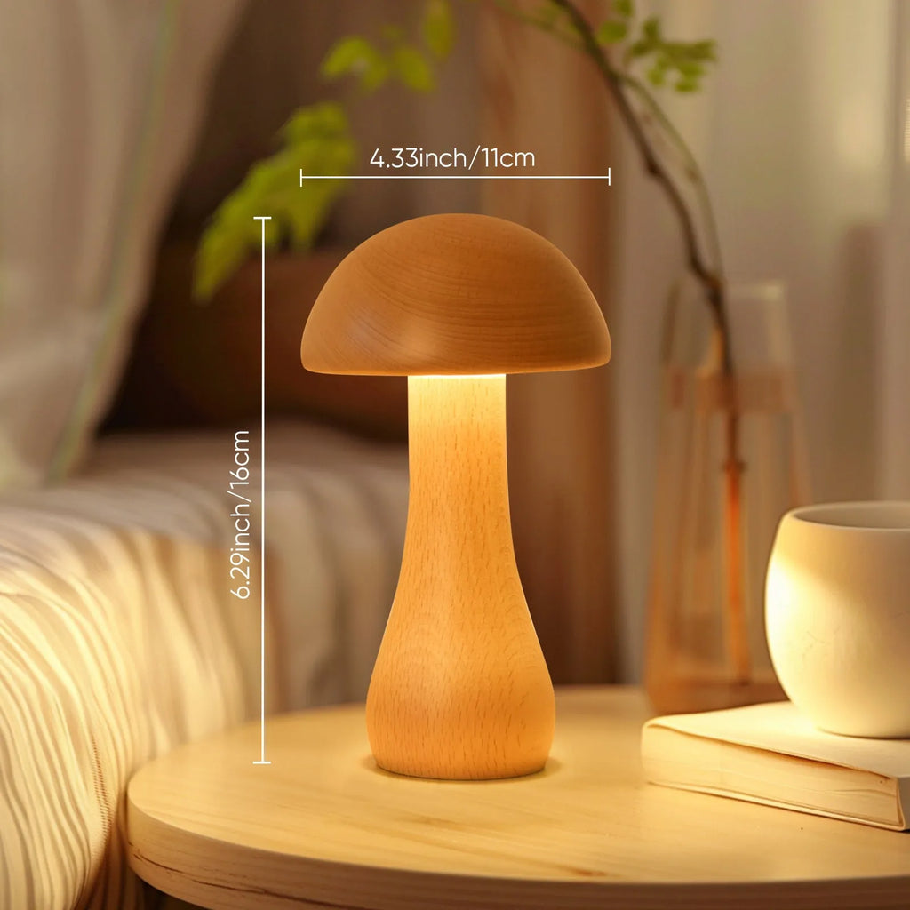 Solid beech wood mushroom shaped LED bedside lamp with warm light on a wooden nightstand