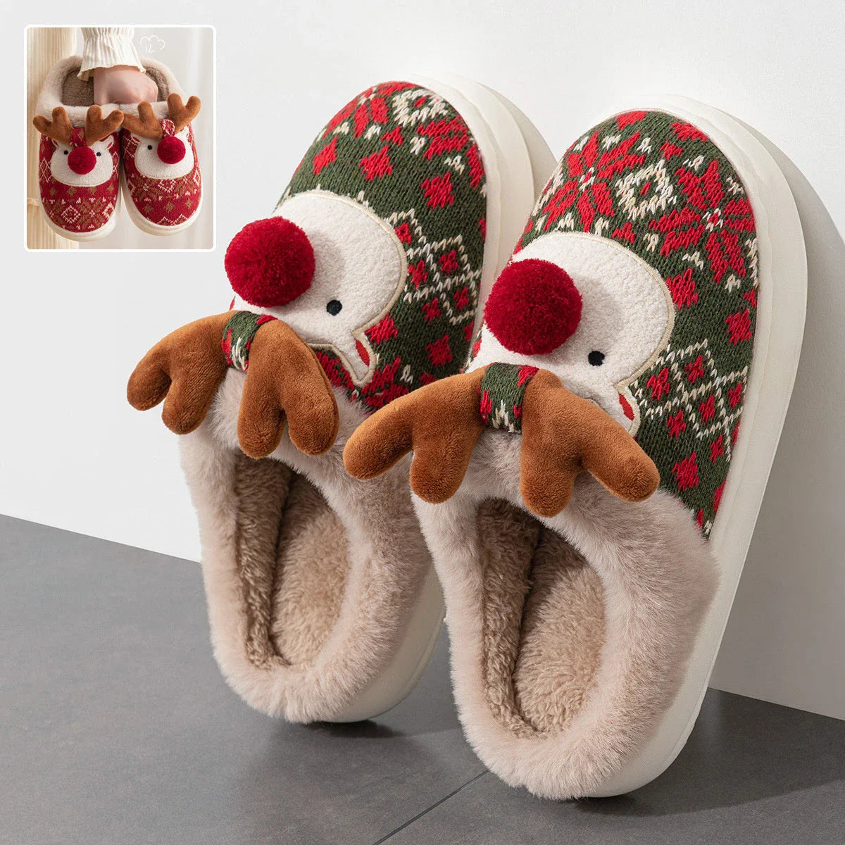 Cozy Christmas elk-themed plush slippers with non-slip soles for comfortable indoor and outdoor wear