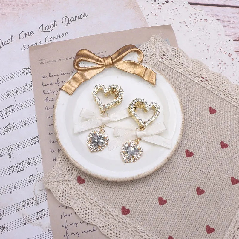 Pair of polyester lace bow rhinestone love heart hair clips 4x5cm in five colours