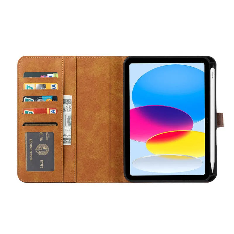 Classic kneading leather flip protective cover for Apple iPad in black, dark brown, and red colours.